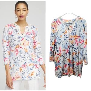 Chico's Linen Floral Beaded Embellished Split Neck 3/4 Sleeve Tunic Top Feminine